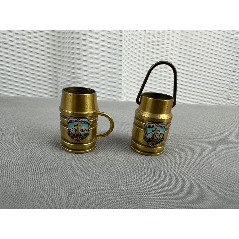 Vintage Oberammergau Germany Mini Brass Beer Stein Cups Souvenir Lot of 2